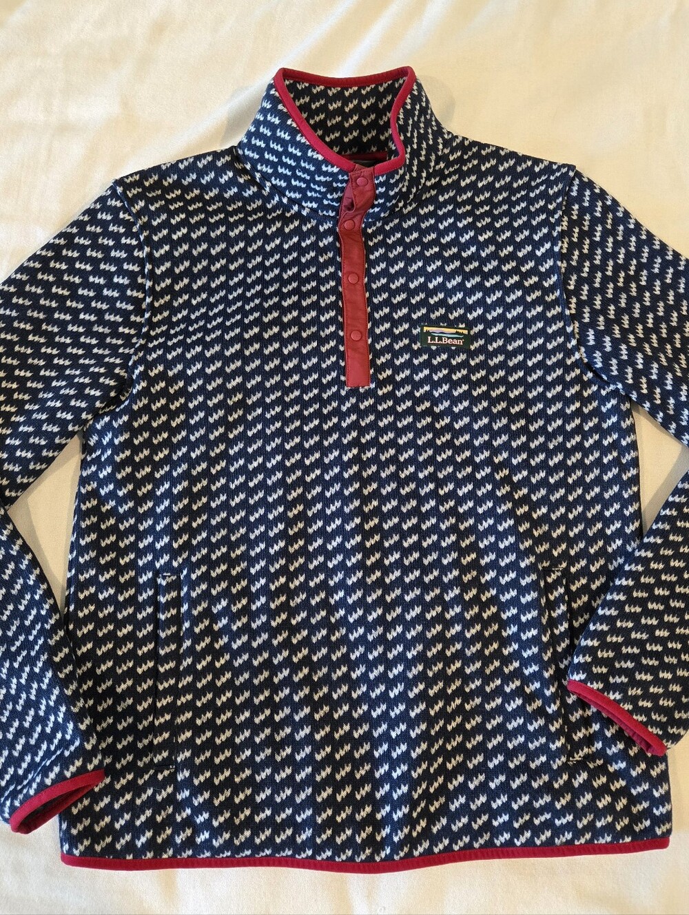LL Bean Sweater Fleece Pullover Mens Medium Navy Blue Birdseye Print Snap T Mock